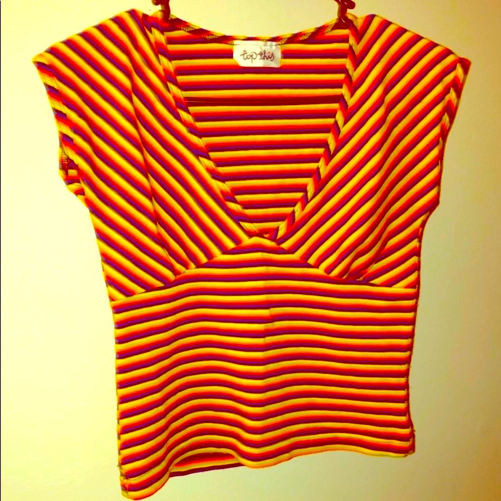 Rainbow Blue, Orange, Green, Yellow Colorful Stretchy Crop Top Small Medium